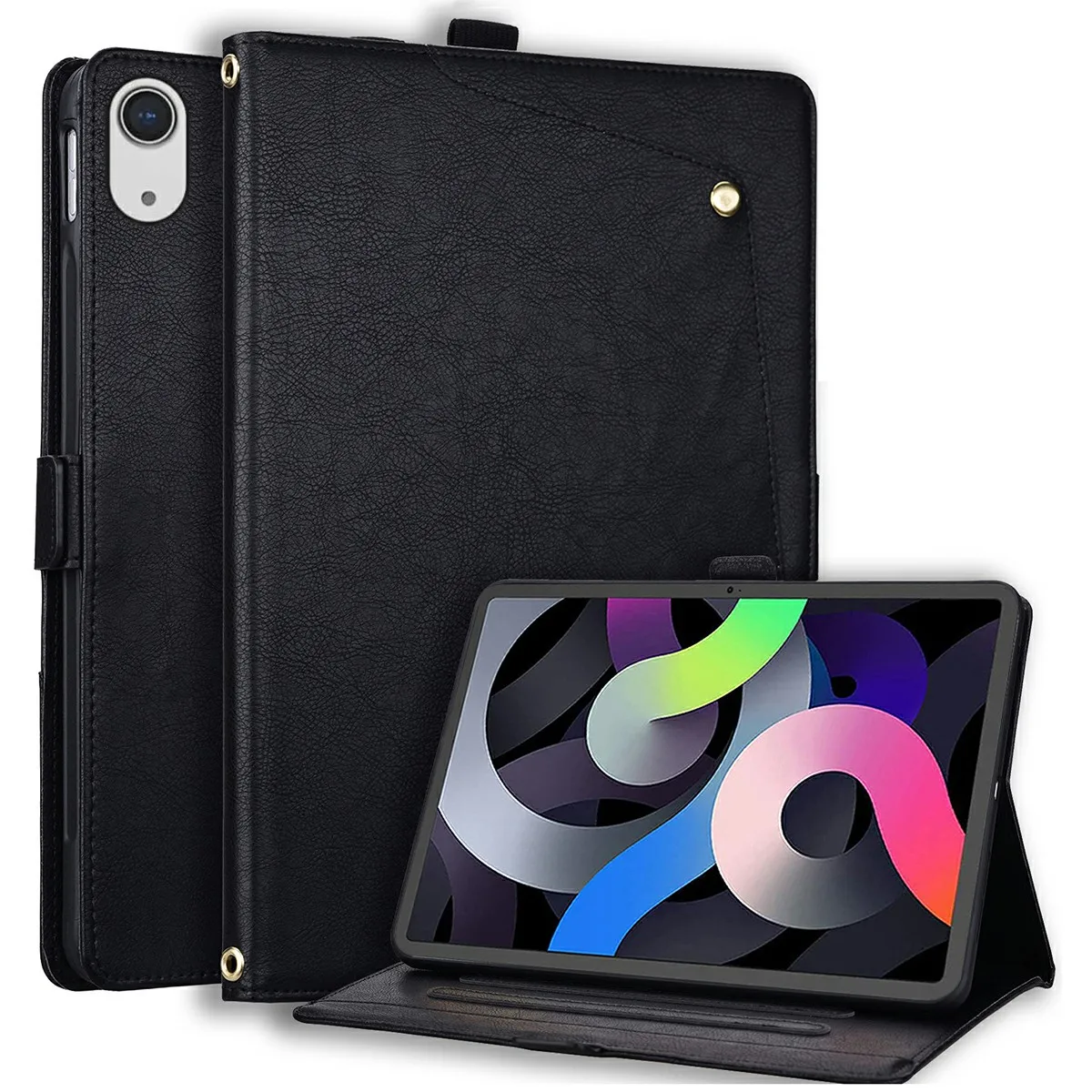 For iPad 10.9 (2022)  /  iPad (2025) Case Front Pocket Business Leather Tablet Cover with Card Holder Stand - Black