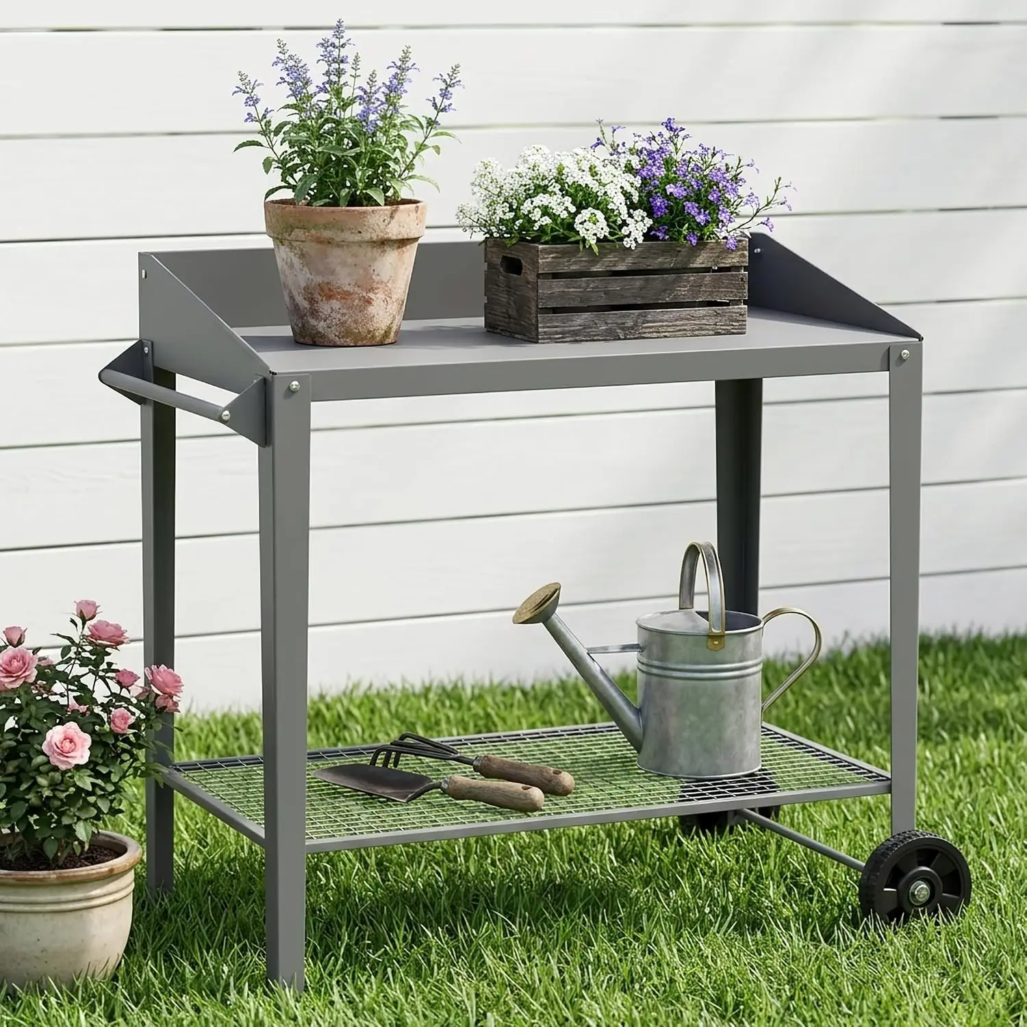 Outdoor Metal Potting Bench with Wheels, Storage Shelf, Dark Gray