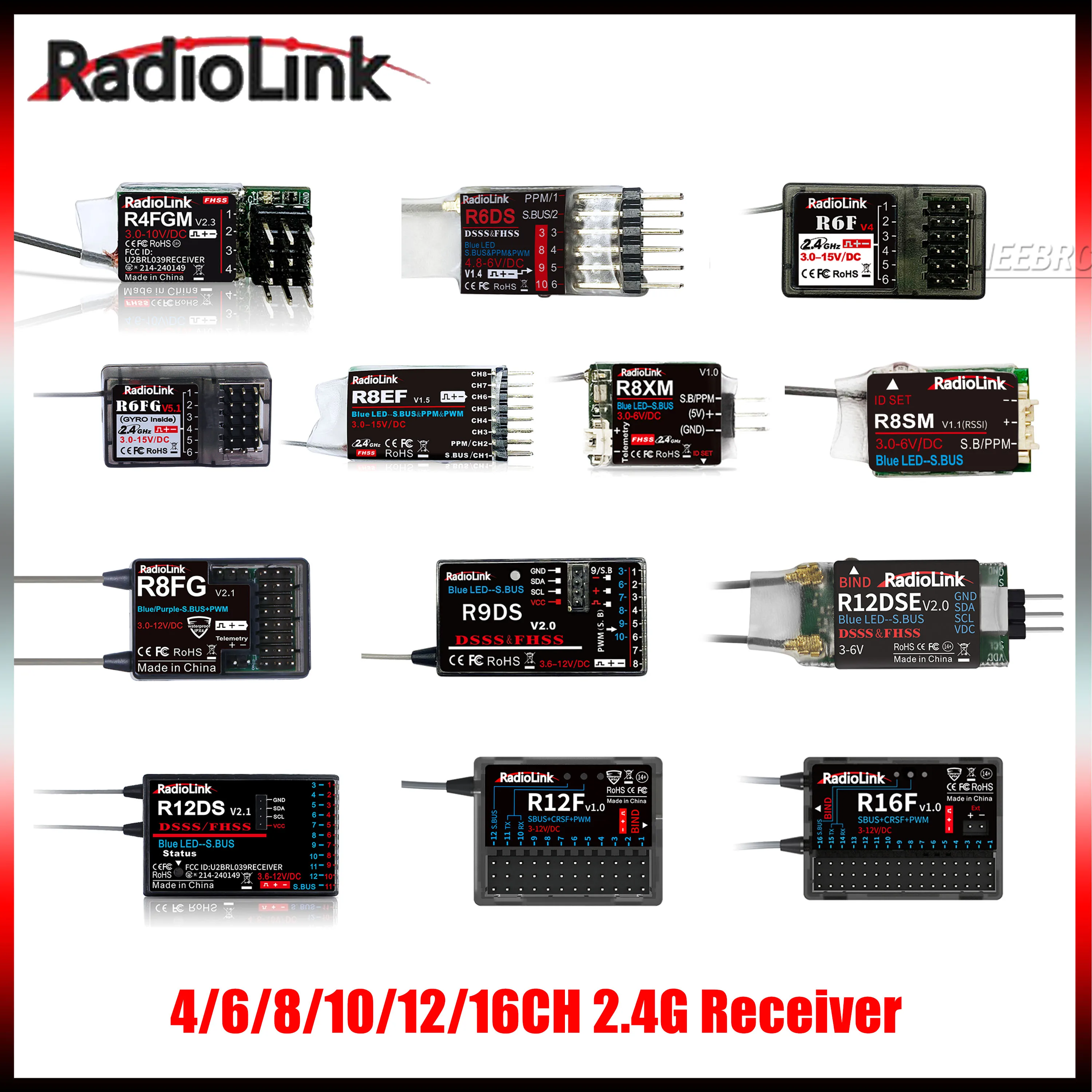 

Радиоприемник Radiolink 4/6/8/10/12/16 каналов R4FGM R6DS R6FG R6F R8EF R8XM R8SM R8FG R9DS R12DS R12DSE R12F R16F 2.4G для радиоуправляемых машин и самолетов