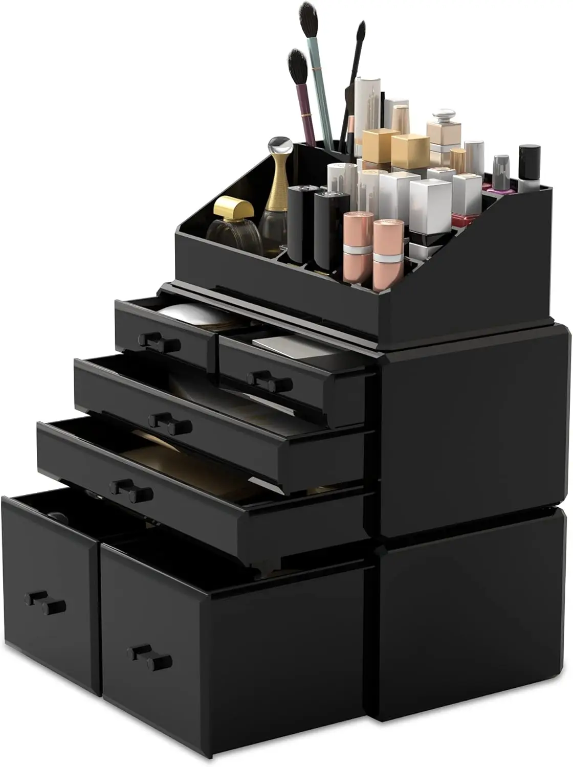3-Piece Cosmetic Storage Case with 6 Drawers, Black Organizer for Makeup and Beauty Essentials
