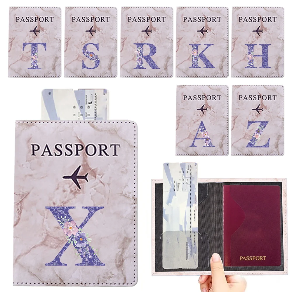 

Purple Flower Letter Passport Cover Holder Organizer Protective Card Case ID Document Passport Wallet Travel Credit Card Holder