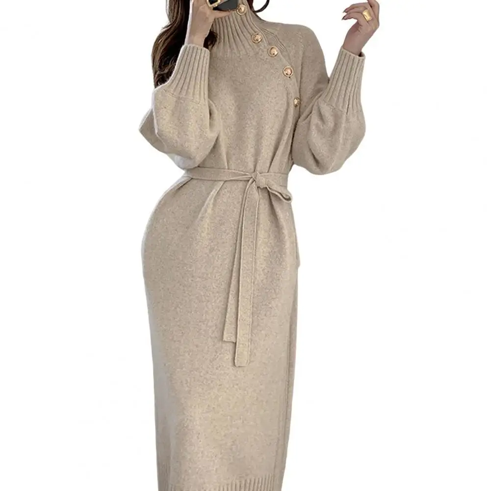 Damska dzianinowa sukienka z wysokim kołnierzem i rękawami typu lampion Zimowy modny element w stylu pogodowym