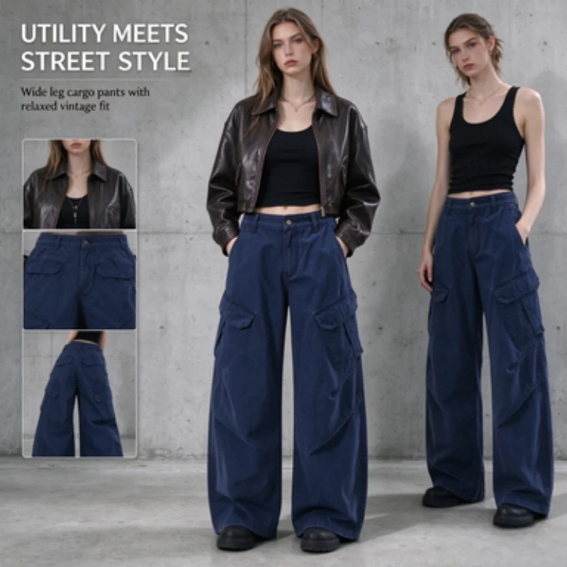 American-Style Deconstructed Curved Wide-Leg Work Pants Unisex, with Three-Dimensional Side Pockets, Pleated Design, Vintage Wash, Casual Pants, Loose Fit, Boyfriend Style, Lazy Cool Vibe, Hip-Covering, Flattering, Dra