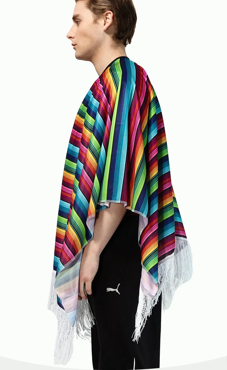 Rainbow Stripted Mexican Poncho Costume Cosplay Festival Party Adult Mexican Ethnic Folk Cape Shawl Halloween Holiday Hawaii