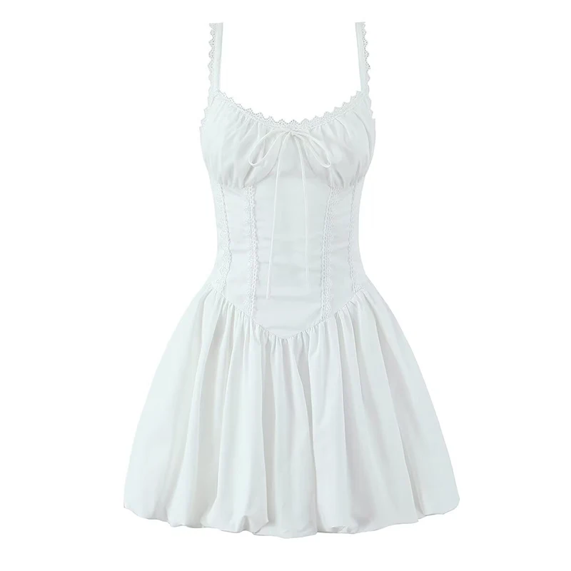 YENKYE 2025 Women Lace Spliced Black White Sling Mini Dresses Low Waist Cotton Summer Sexy Party Dress Sexy Lacing Up Robe