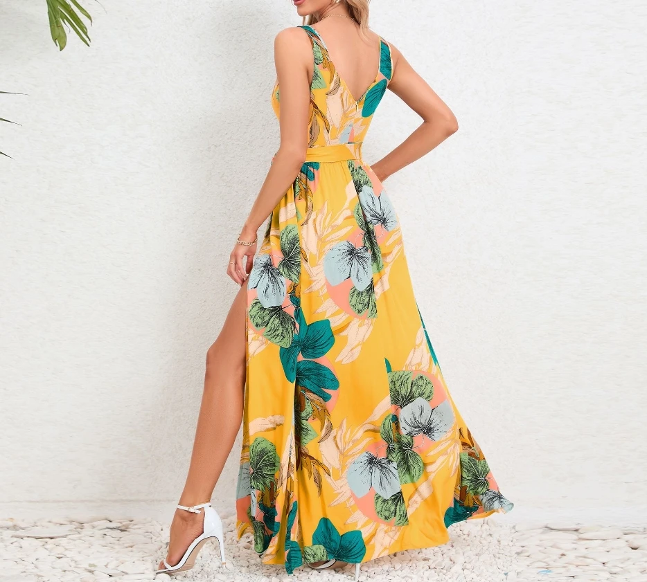 Party Dresses for Women 2024 Summer Elegant Commuting Tie Details Split Plant Printed Holiday V-Neck Sleeveless Strap Long Dress