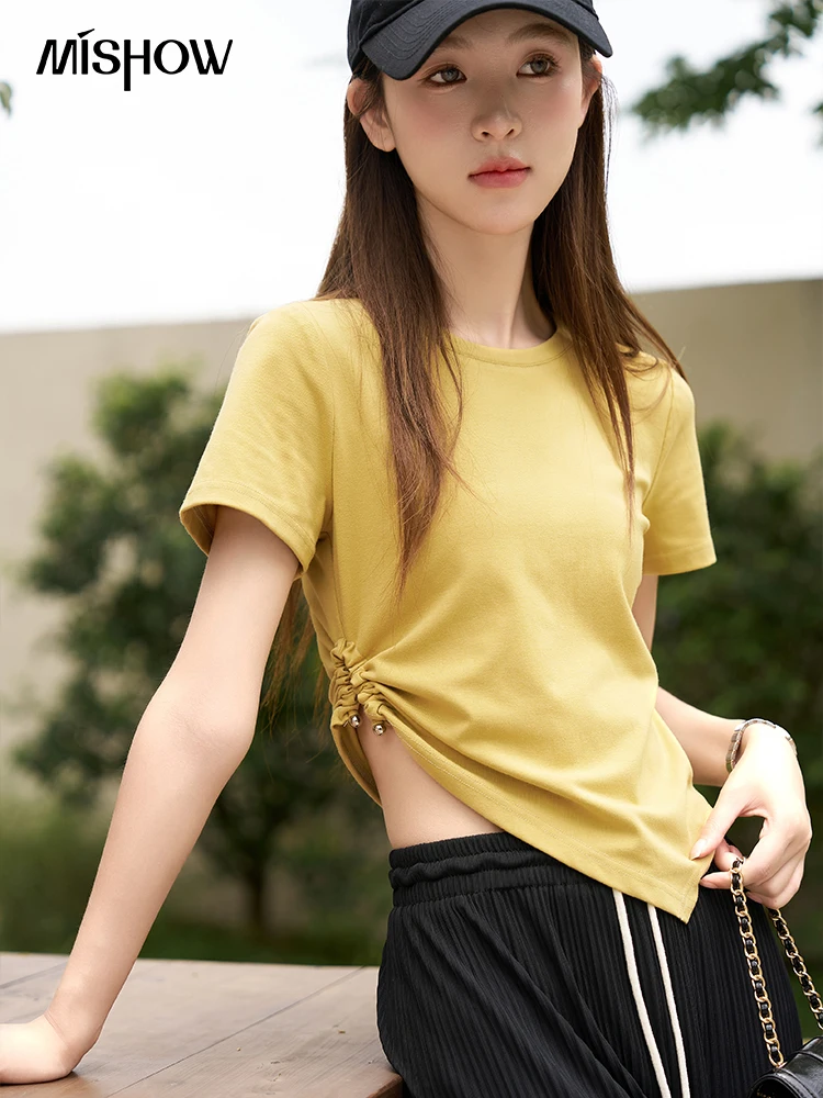 MISHOW French Retro T-shirts for Women 2023 Summer Korean Knitted Tees Asymmetrical Desgin O-Neck Solid Casual Tops MXC36T0038