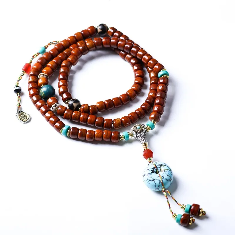 Tibetan Style Bone Tiger Tooth Dzi Bead Multi Wrap Bracelet Web Pattern Turquoise Peace Buckle Necklace Gifts