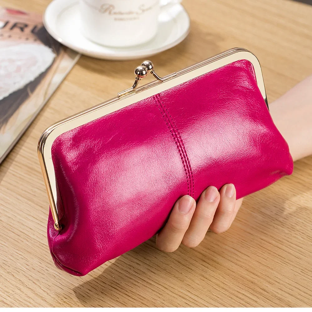 Genuine Leather Long Vintage Clip Bag Women's Hand Wallet Oil Wax Leather Gold Storage Bag Large Capacity Clutches