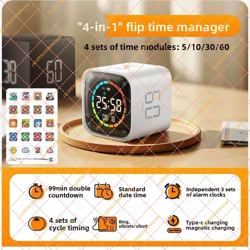 Student Flip Timer, Square Study Time Management Clock with Date & Alarm
