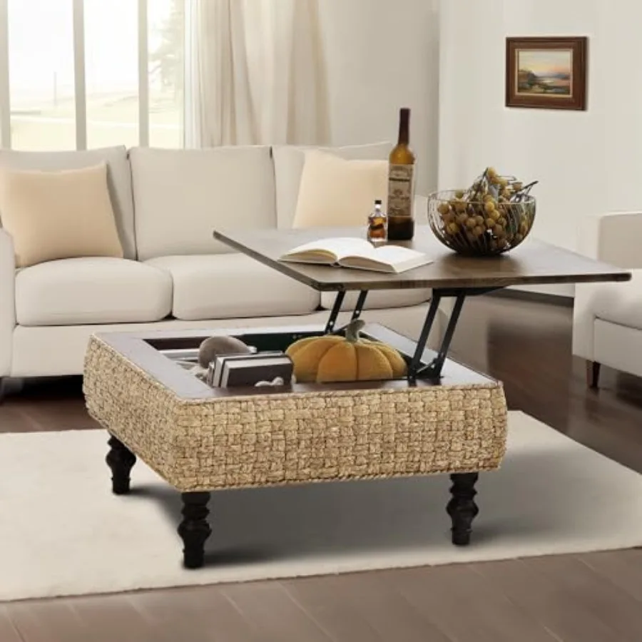 

31.5" Lift Top Coffee ble for LivinRoom, Square Fhoe Coffee ble wi Storage, Handwoven an Frame, Large Hid Compartment and Wood