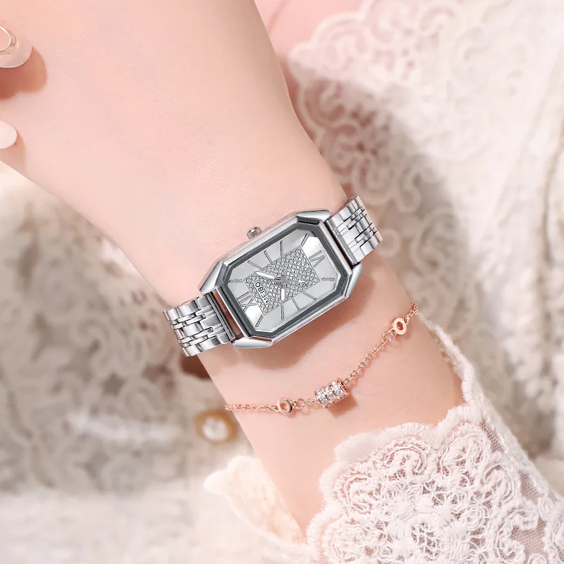 Women's diamond studded square watch retro women's watch steel strap quartz watch