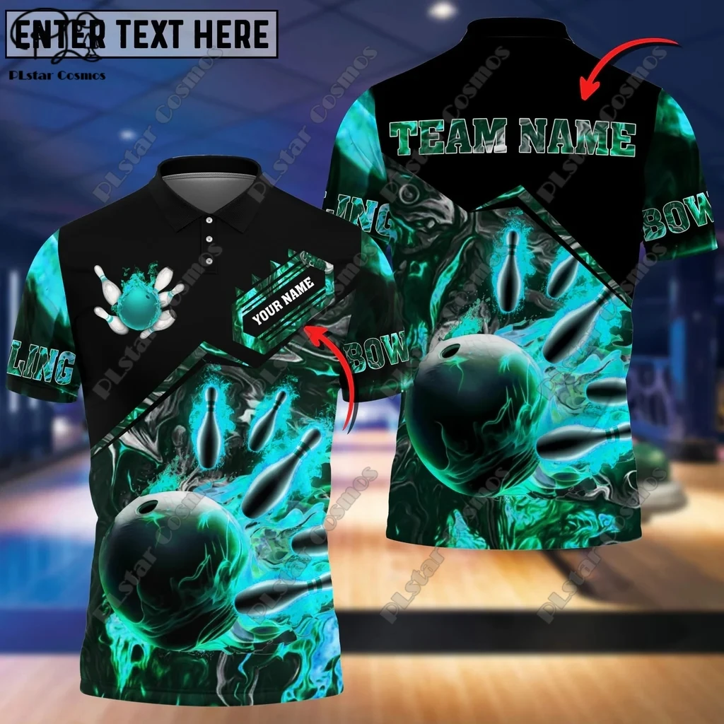 Volcanic Rock Bowling Pin Line Flame Pattern Custom Name 3D POLO Shirt Summer T-Shirt Unisex Gift Indoor Sports Collection