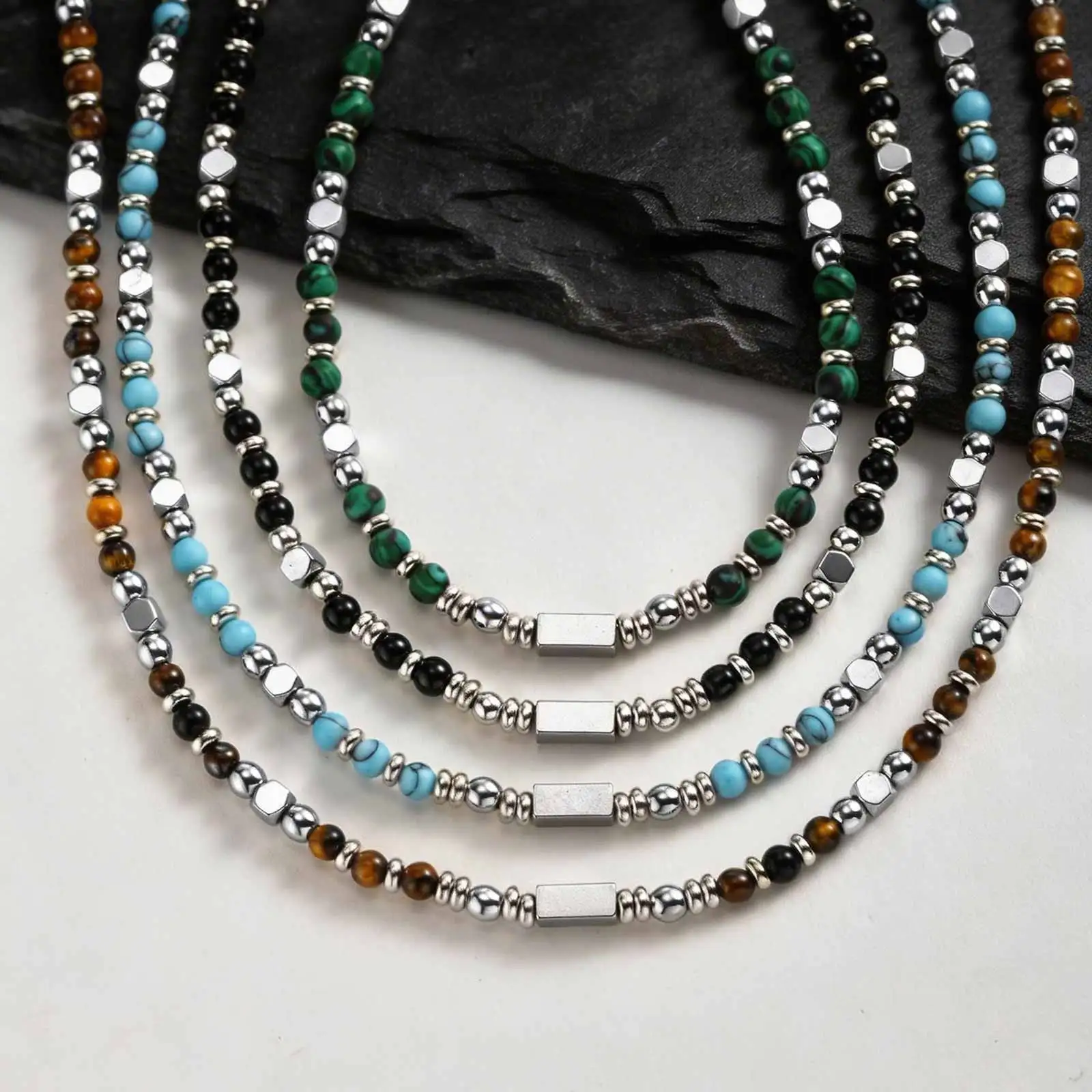 Trendige Herren-Halskette mit Natursteinperlen, klassischer, einzigartiger Edelstahl-Metallperlen-Choker, Boho-Schmuckgeschenk für Sohn und Vater – Detail 5