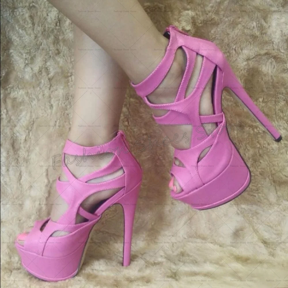 

Pink Hollow Out Back Zipper Sandals Platform Thin High Heels High Heel Shoes for Women Sexy Heels 2025 New Zapatos Para Mujere