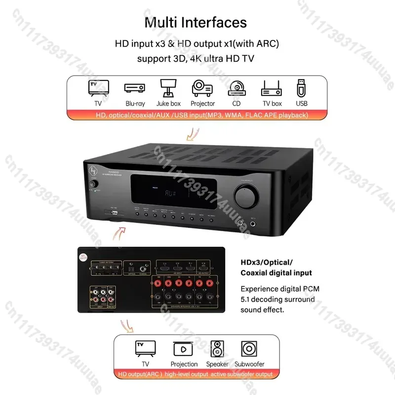 5.1 Channel High Power HD AV Receiver Bluetooth Home Theater Audio Amplifier System Digital Surround Sound Decoder for TV