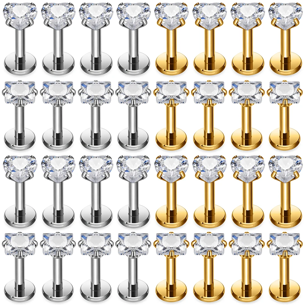

10Pcs/lot G23 Titanium Piercing Heart CZ Labret Ear Stud Earrings For Women Square Shape Lip Stud Body Jewelry Helix Tragus