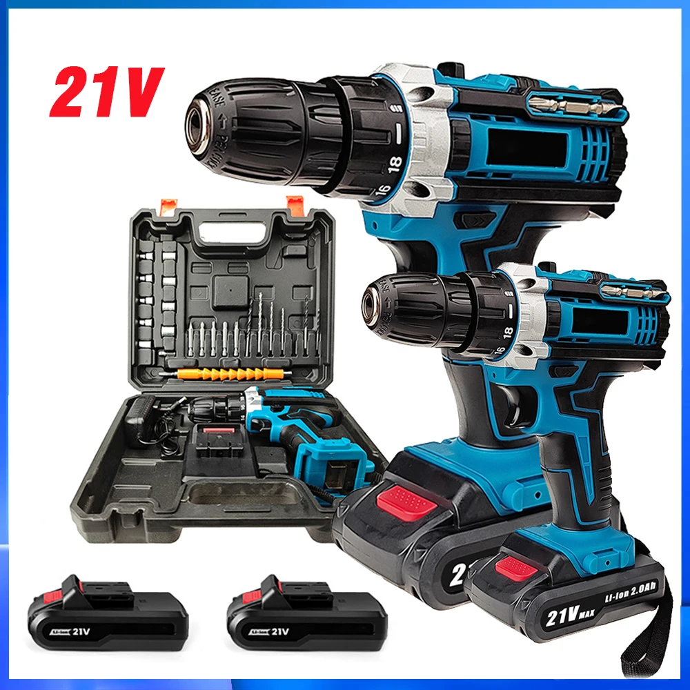 21V Impact Cordless Screwdriver 1600rpm High Speed Drills Rechargeable Battery Drill Household Drill Power Tools With Drill Bits