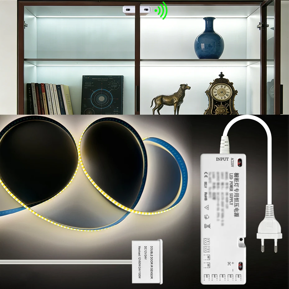 

1m-5m DC12V 320LEDs/m COB LED Tape Light Double Door Sensor Switch Auto ON/OFF for Under Cabinet Shelf Glass Pantry