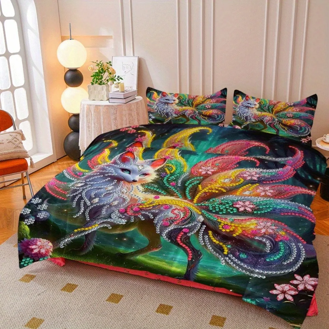 2/3pcs Nine-tailed Fox Fairy Printed Quilt Cover Set, HD Digital Printed Quilt Cover Set Contains Quilt Cover and Pillowcase -