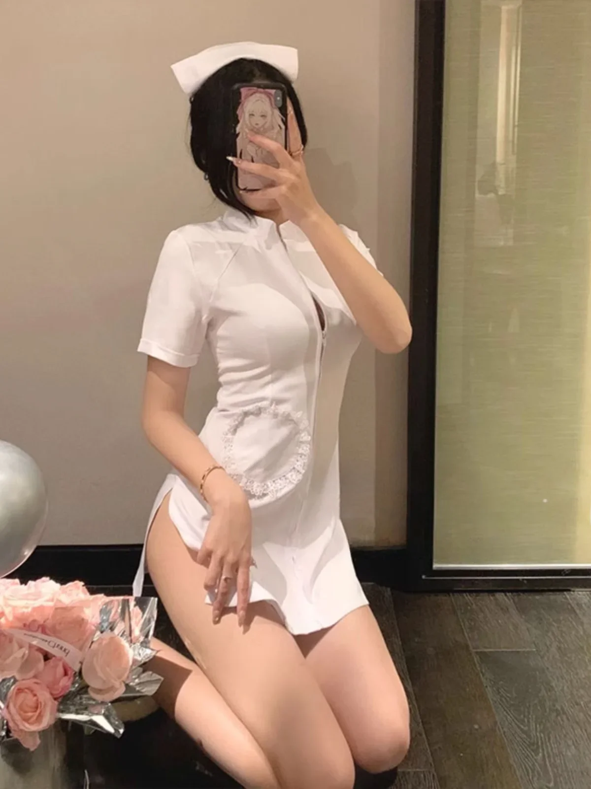 Floral Plus Size Cosplay Sexy Krankenschwester Rollenspiel Spwear Cute ort Dr Damen Home Kleidung V-ne ort Sve Four Seasons