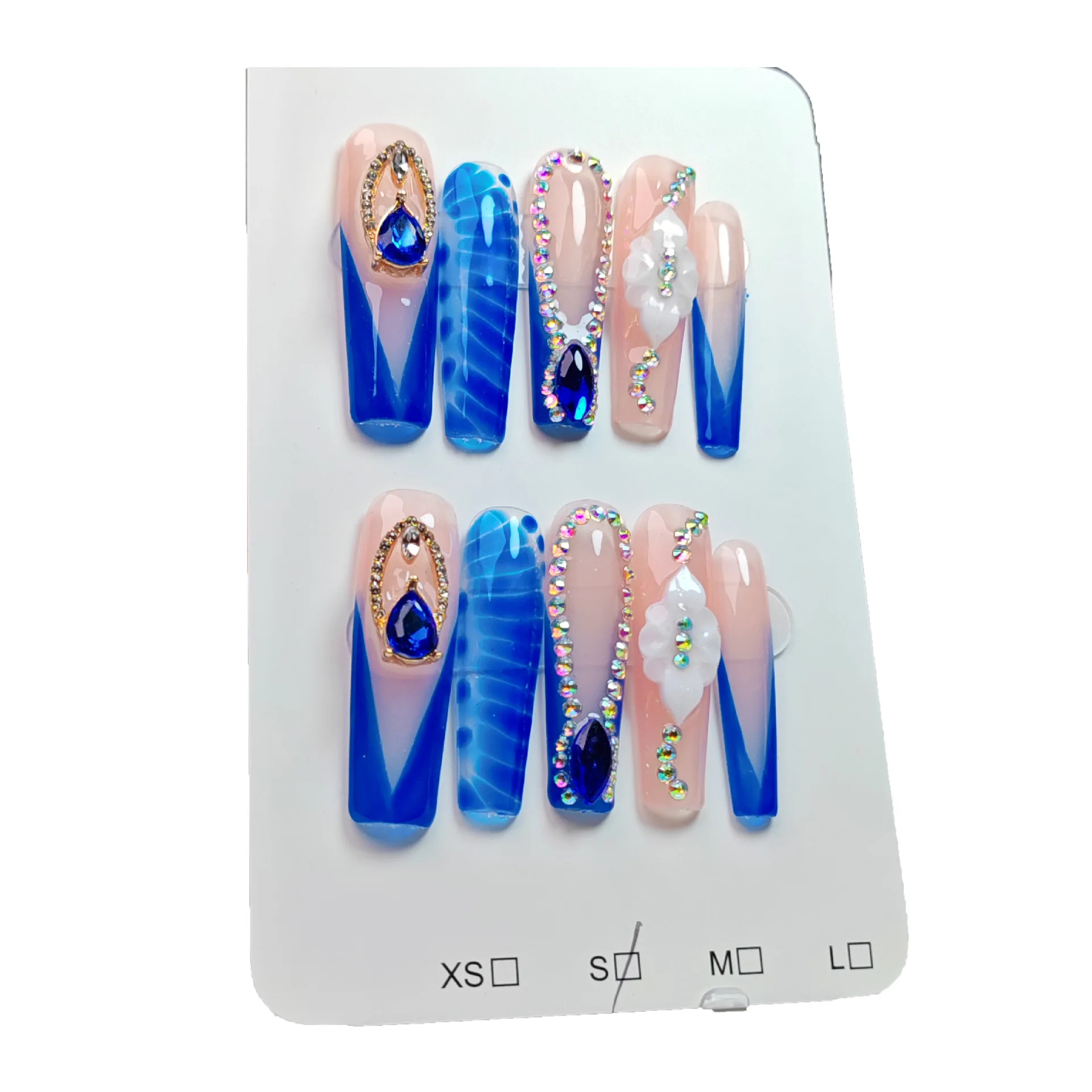 Handmade blue False Nails Extra Long Press on Nails bling Rhinestone Wearable Fake Nails Party Finger Nail