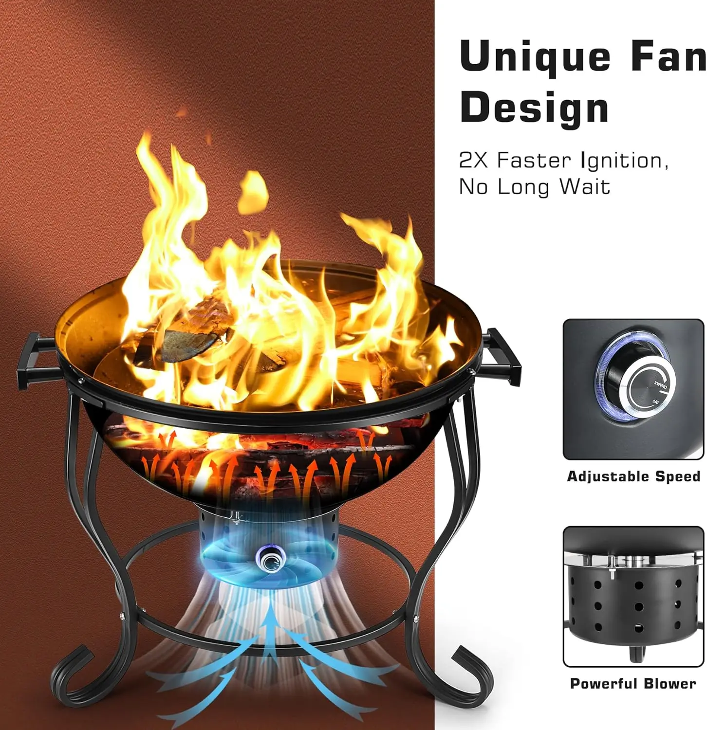 Charcoal Grill with Adjustable Fan, 18 Inch Small Outdoor BBQ Fire Pit Grill, Easy to Light Charcoal/Wood, Round Kettle