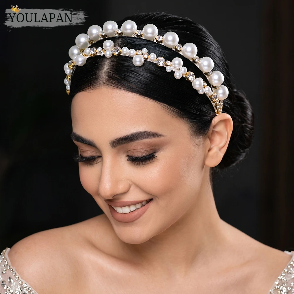 HNCCX Elegant Pearl Rhinestone Hairhoop Fashion Double Row Design Bridal Headband Wedding Party Women's Hair Accessories A408