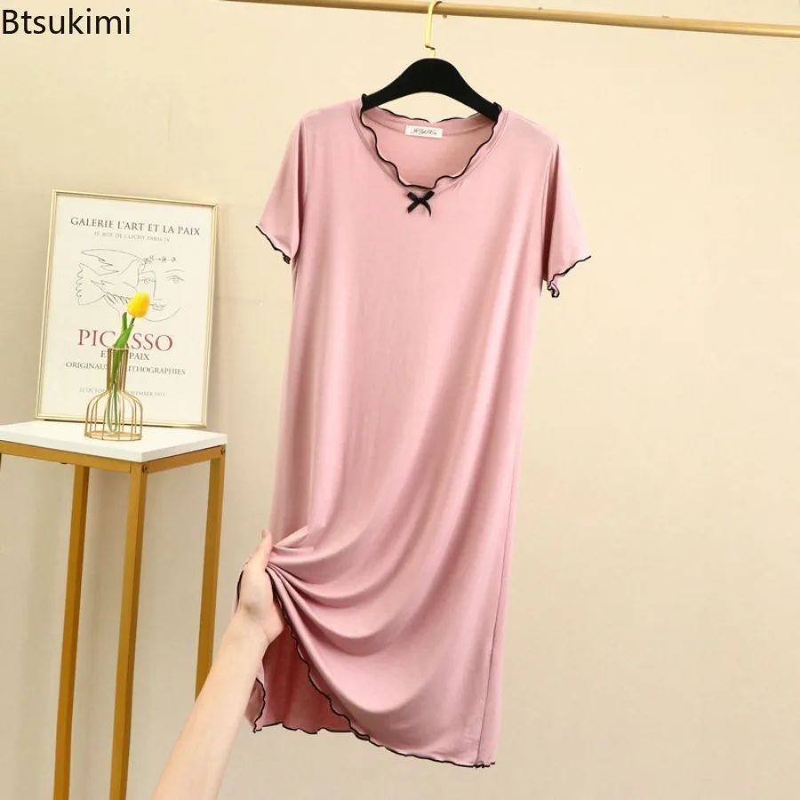 New 2026 Summer Modal Short Sleeve Dress for Women Thin Home Sleepwear Loose Casual Wooden Edge A- Line Skirt O-Neck Knee-Length