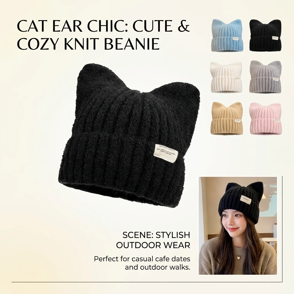 Japanese Cat's Ears Wool Hat Korean Fashion Cute Steamed Cat-Ear Shaped Bread Warm Casual Versatile Knitted Winter Women's Hat