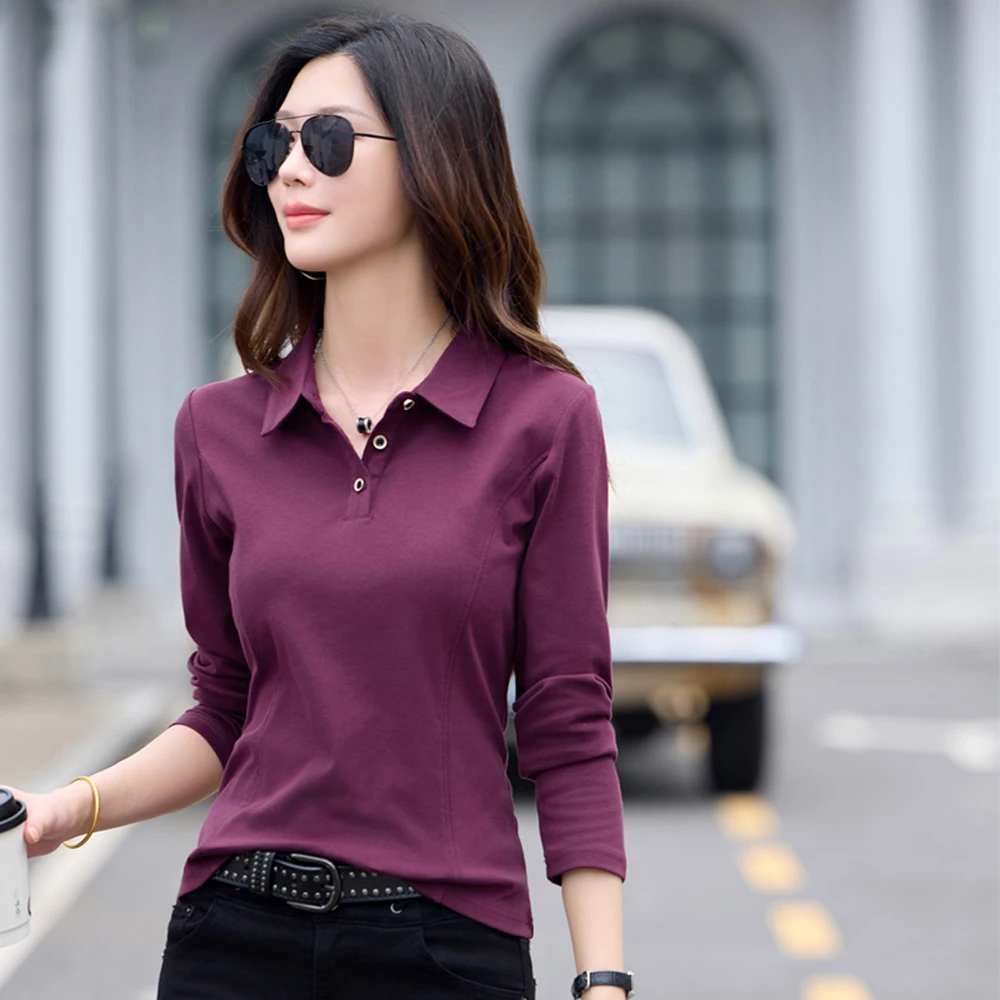 الكورية نمط طويل الأكمام تي شيرت المرأة الخريف الزي الجديد الراقية القطن موضة حجم كبير بولو التلبيب سليم صالح رداء علوي غير رسمي #4