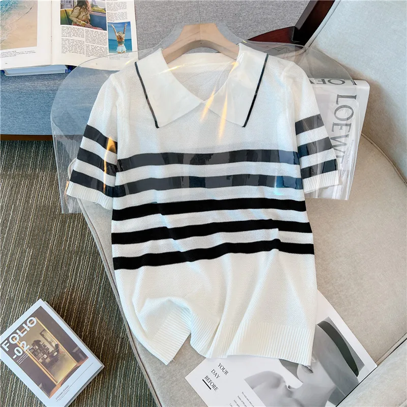 Stripe Color Polo Collar Sweater Women\' Thin Loose Underlay Short Sleeve Gentle Style Knitwear Pullover Mujer Top Summer New