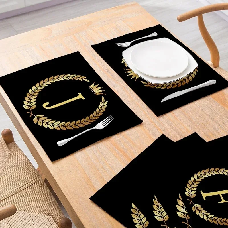 4/6pcs Golden Letters Kitchen Placemat Black Cotton Linen Table Mats Nordic Western Placemat Cup Mats Waterproof Drink Coasters