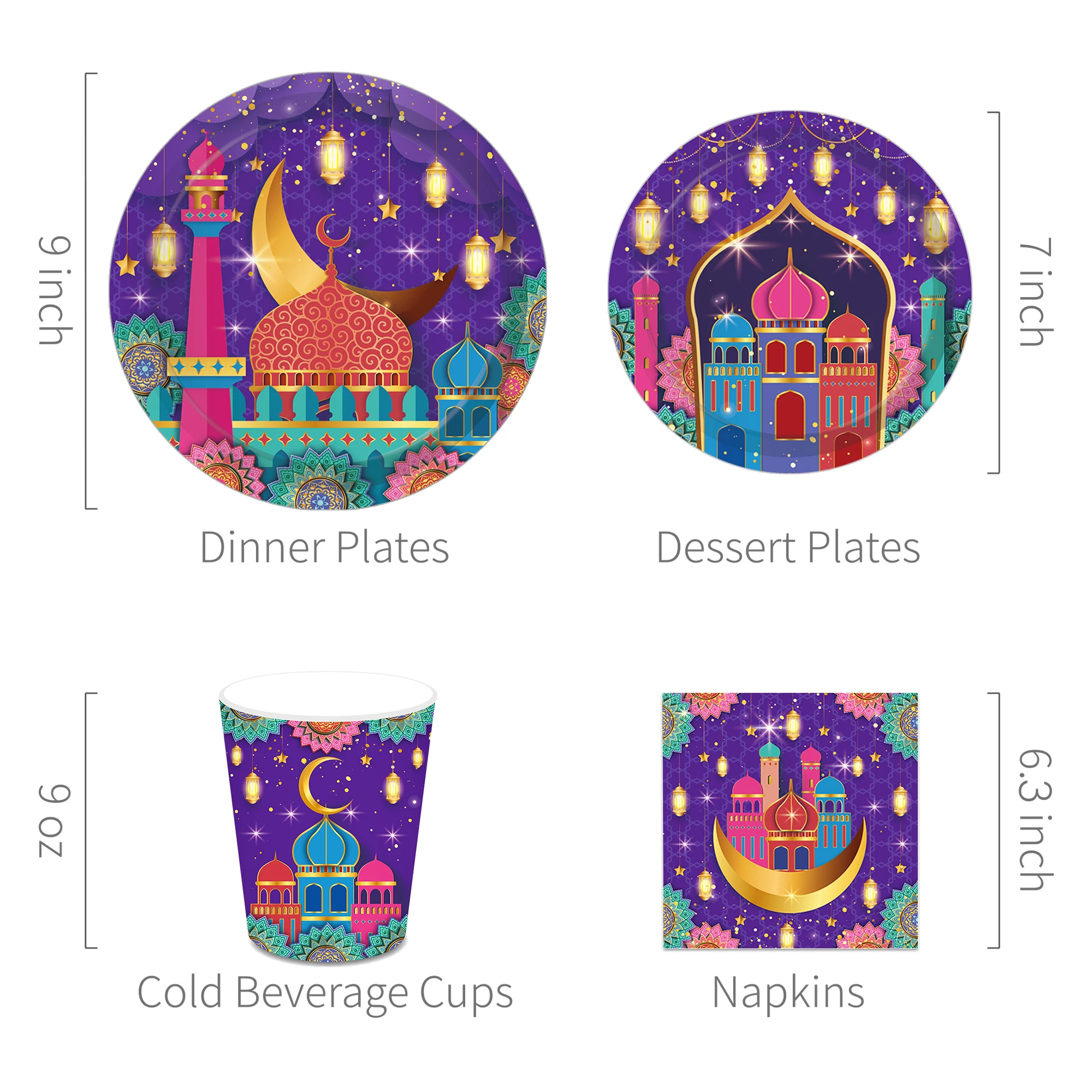 Ramadan Mubarak Decoration 2024 Colorful Mosque Print Purple Disposable Tableware EID Mubarak Supply Muslim Islamic Party Decor