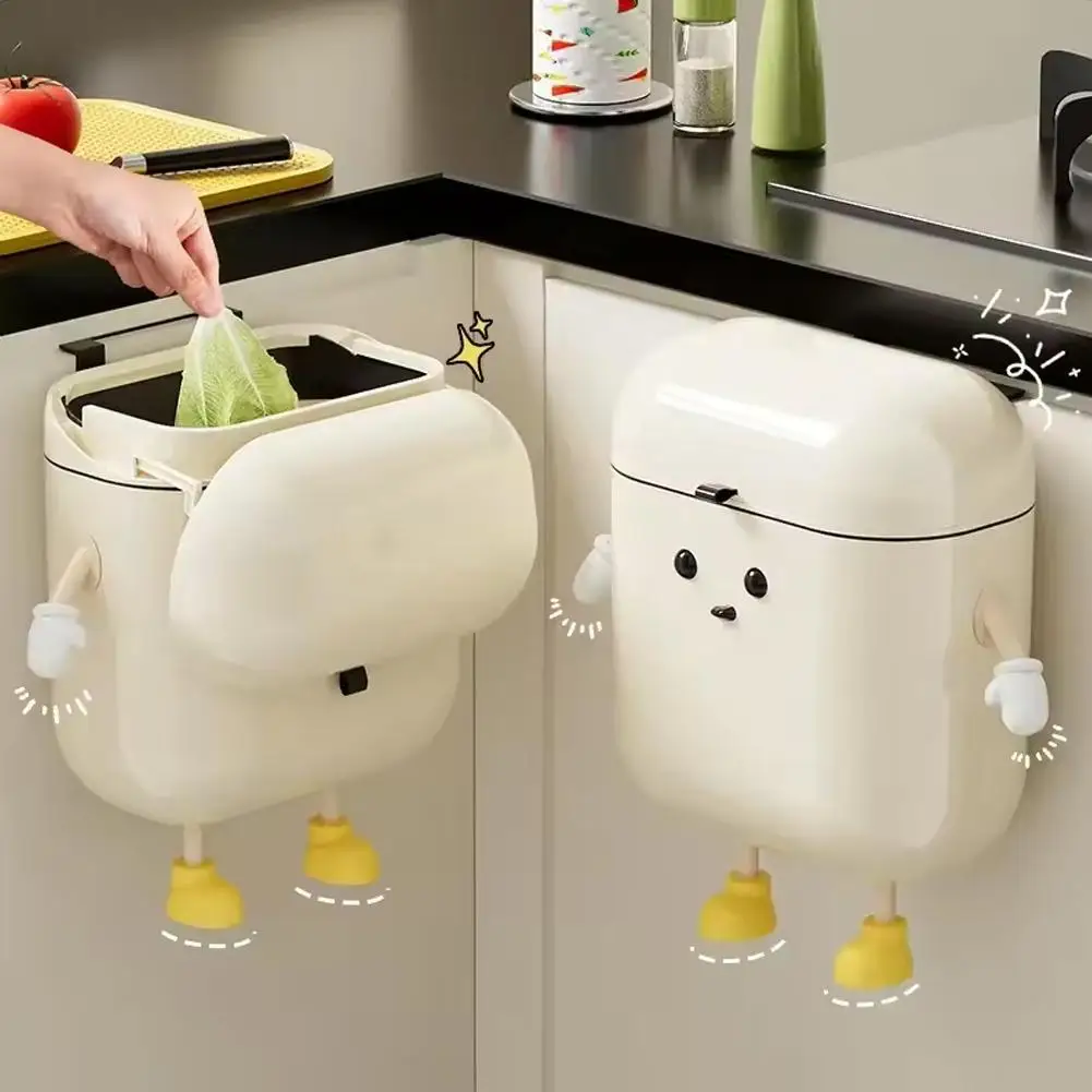 1pc Cute Cartoon Hanging Trash Can With Lid, Large Capacity, No-Drill Wall Mounted Waste Bin For Kitchen & Bathroom