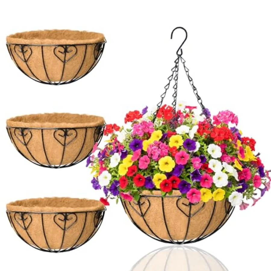 

Hanging Planters for Outdoor Plants 4 Pack 16 inch Metal Hanging Flower Basket with Coco Coir Liner Wire Plant Holder Watering