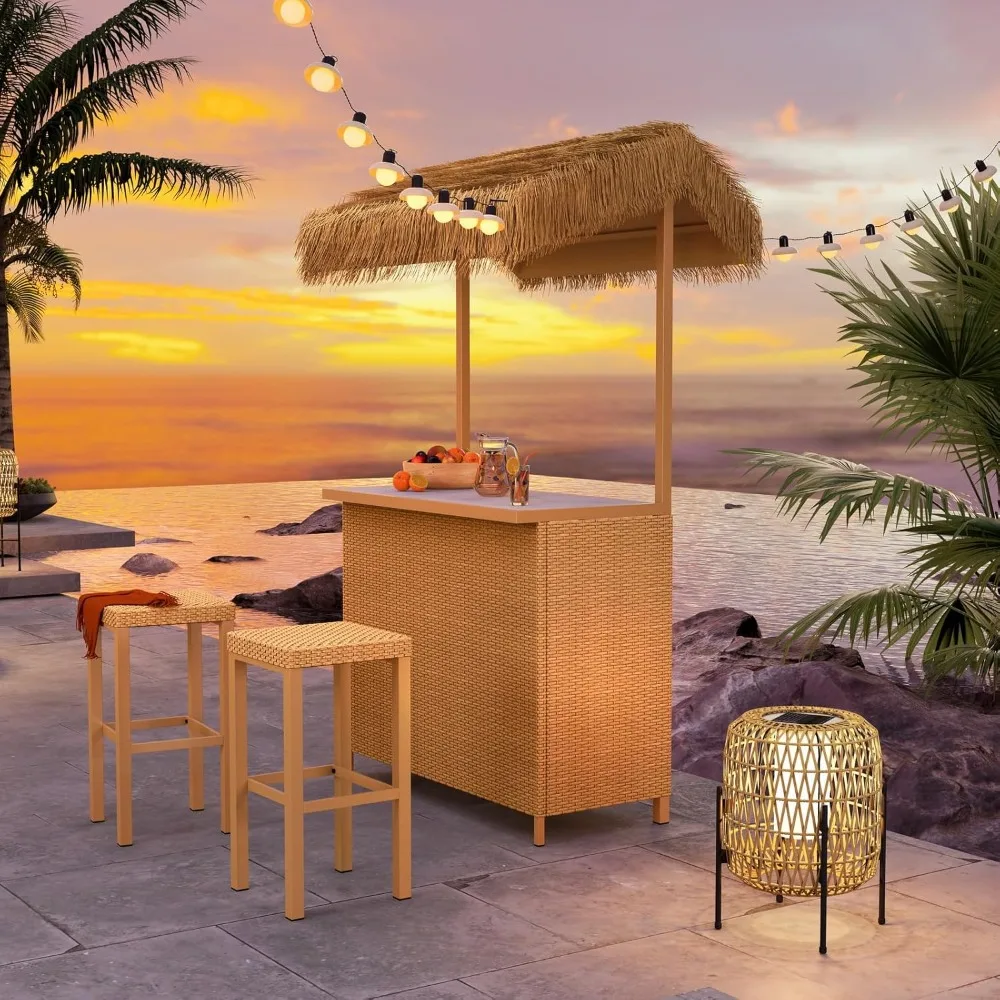 

Outdoor Tiki Bar Set with Widen Ceramic Top (42" W), Phuket 3-Piece Wicker Islander Tiki Bar and 2 Stools Storage