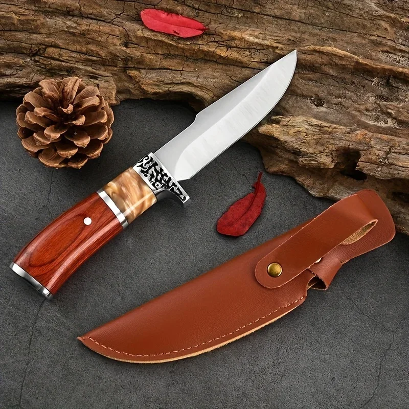 Outdoor Straight Knife Stainless Steel Blade with Knife Cover, Travel Camping Cutting Tools, Holiday Gifts