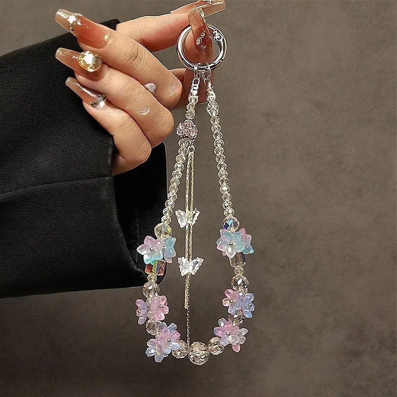 

Colorful Flower Beaded Crystal Mobile Phone Chain Pendant Short Wrist Portable Lanyard - Fashion Accessory for Cell Phones