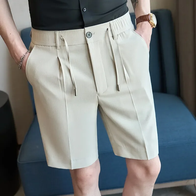 

LIBIELIY мужские шорты с эластичной резинкой на талии, летние однотонные деловые повседневные брюки до колена на шнурке, мужские корейские модные короткие брюки