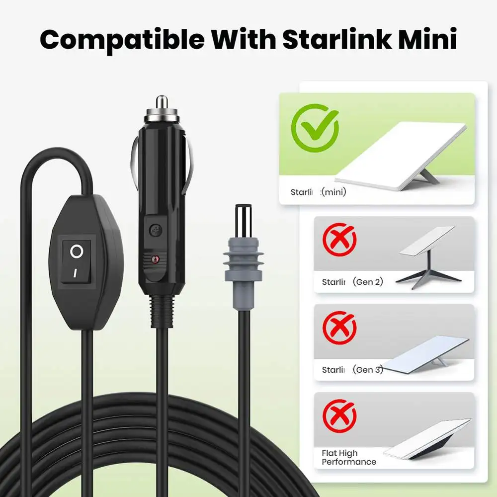 Car Power Cable for Starlink Mini 12V-24V Cigarette Sockets O-ring DC Charging Cable with Switch for Starlink Mini Accessories