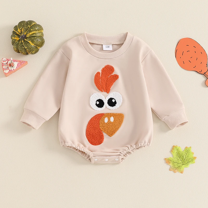 2024-05-30 Lioraitiin 0-18M Baby Boys Girls Thanksgiving Romper Turkey Embroidery Long Sleeves Round Neck Sweatshirt Jumpsuit