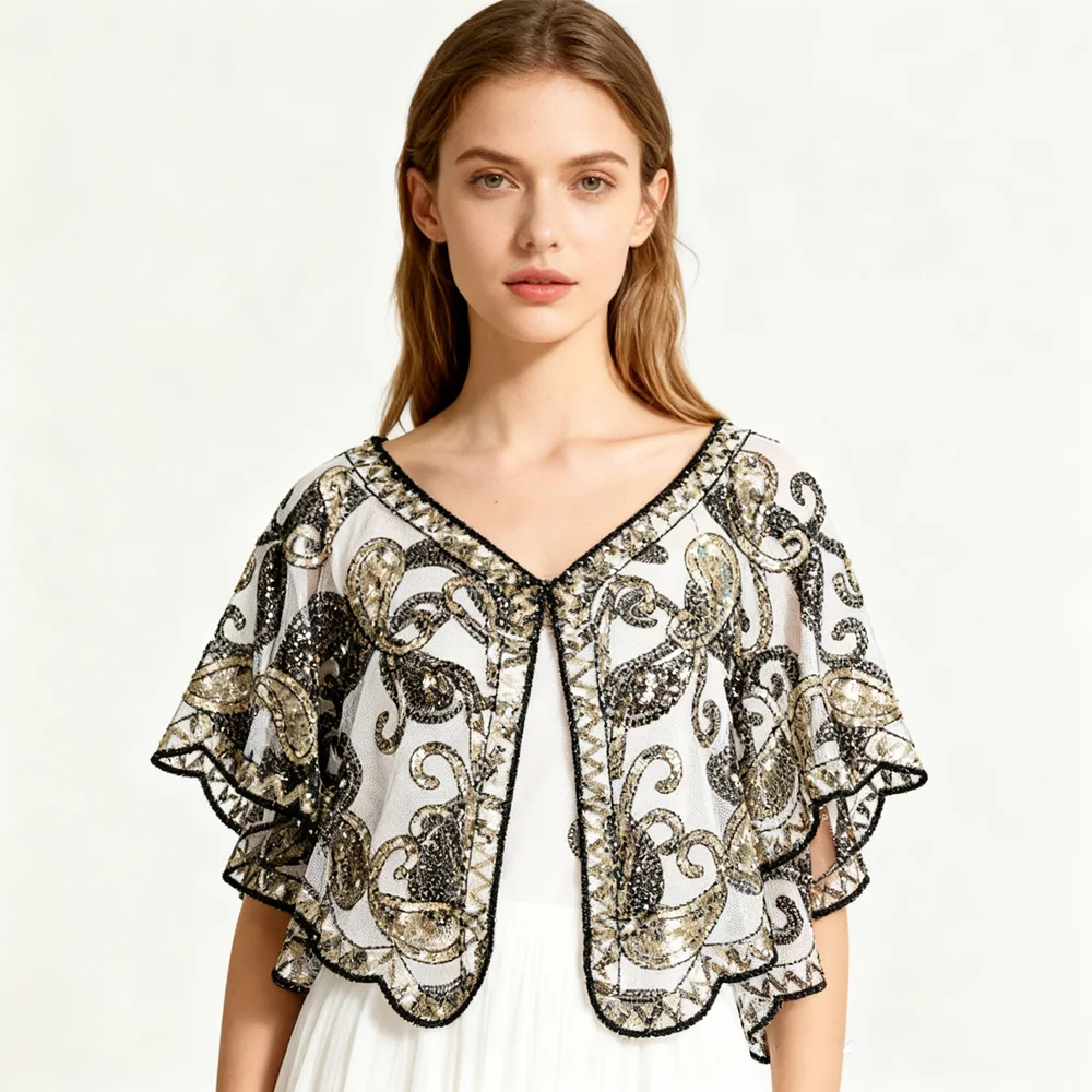 PESENAR Scialle in pizzo con paillettes dorate stile anni '20 per costume da flapper e accessorio Gatsby vintage