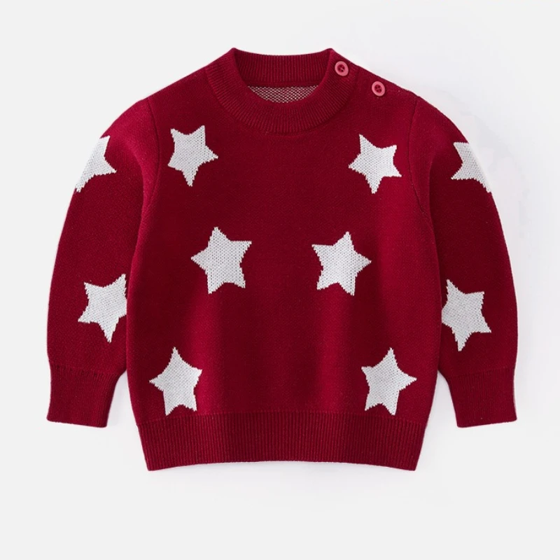 Star pullover sweater, children's double-layer round neck knitted top, autumn and winter thick base boys' sweater