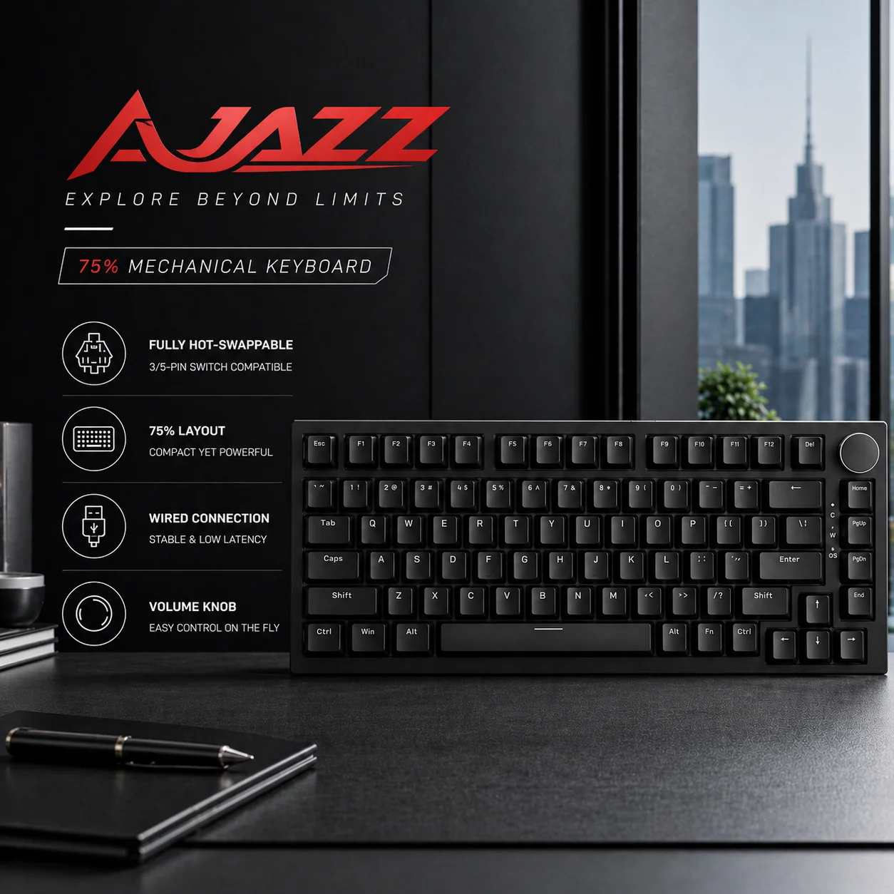 AJAZZ 75% Layout Entry-Level Keyboard Recommended AK820 Wired Gaming Mechanical Keyboard Metal Adjustment Knob DIY