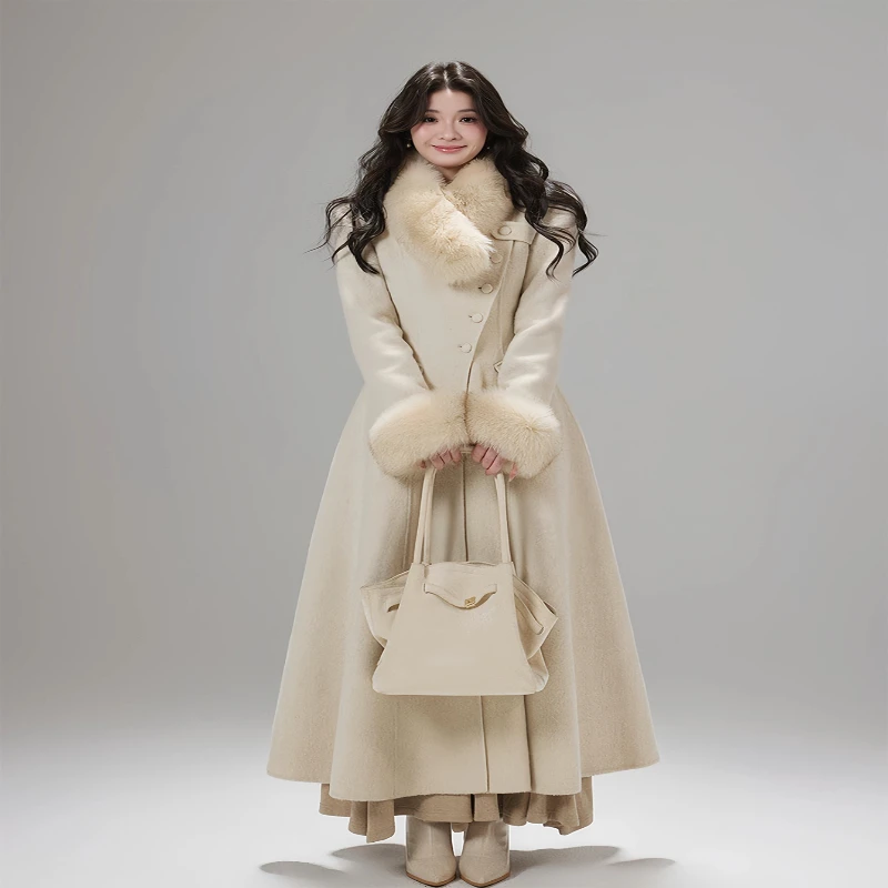 

Winter Faux Fur Collar Wool Coat Women Elegant Trench Vintage Waist Belted Overcoat Down Jacket Women