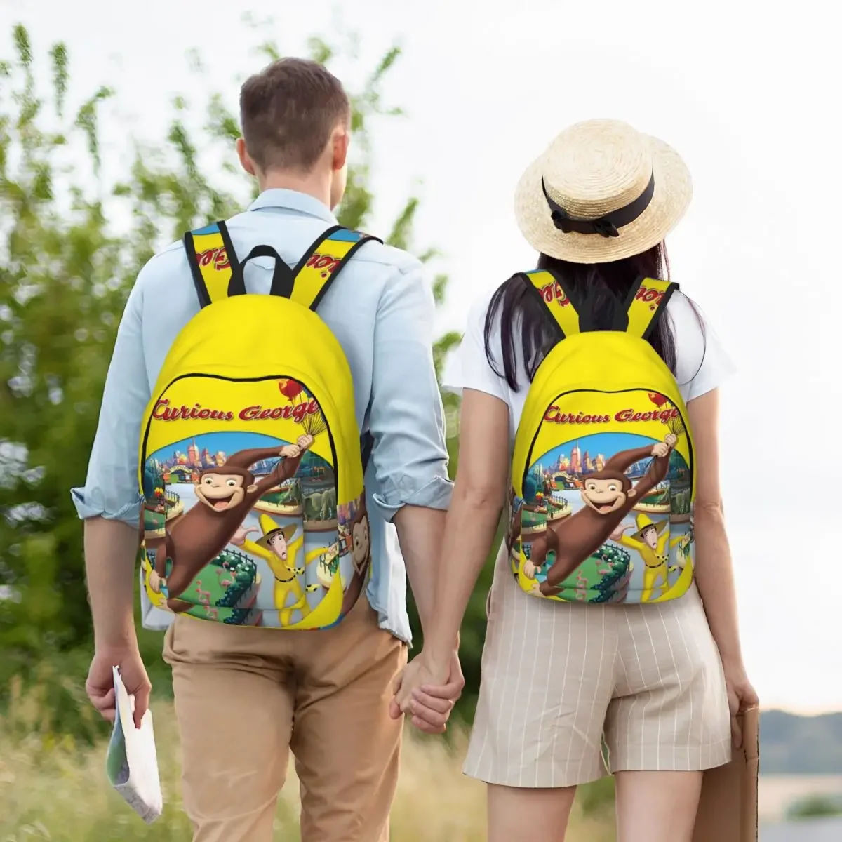 Curioso george macaco dos desenhos animados mochila para homens mulheres legal estudante trabalho daypack série de tv computador portátil sacos lona com bolso