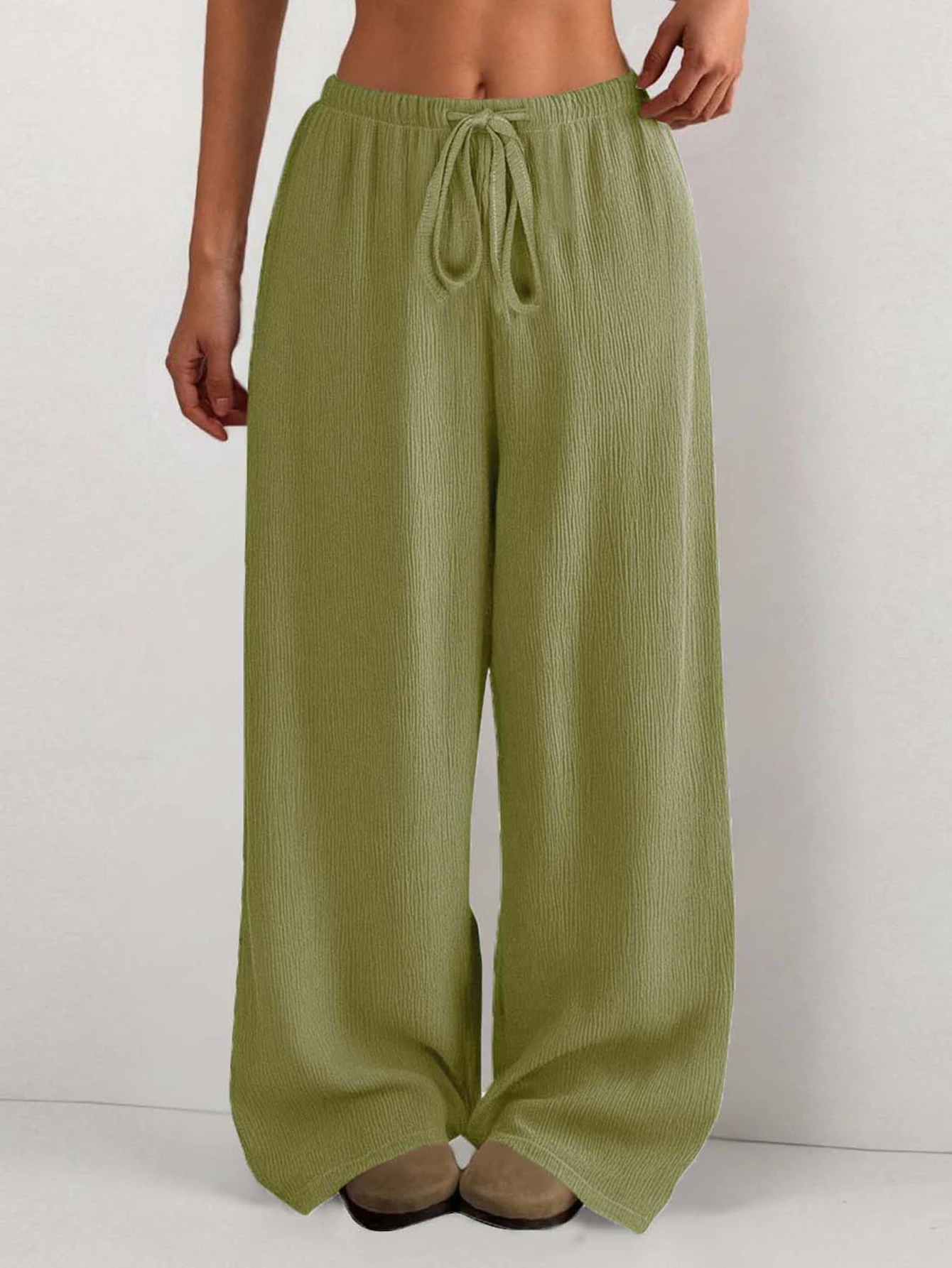 Ladies Pure Color Loose Treebark Wide Leg Casual Pants Long Trousers Drapey Waist Drawstring Comfortable