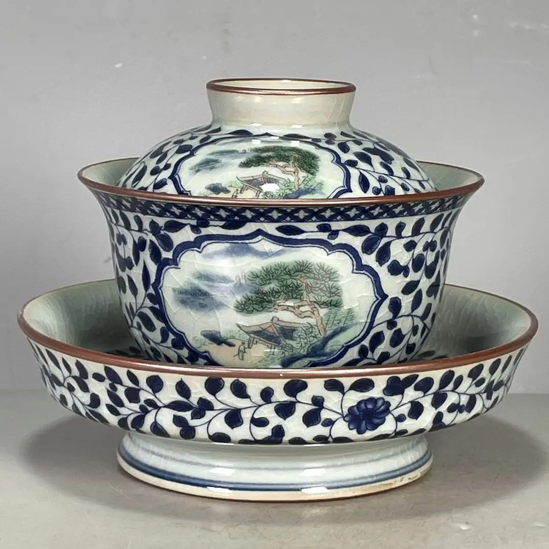 Wenwan Three-Piece Covered Tea Bowl, Imitation Qianlong Wucai Blue White Open Window Landscape Gaiwan Antique Collectible