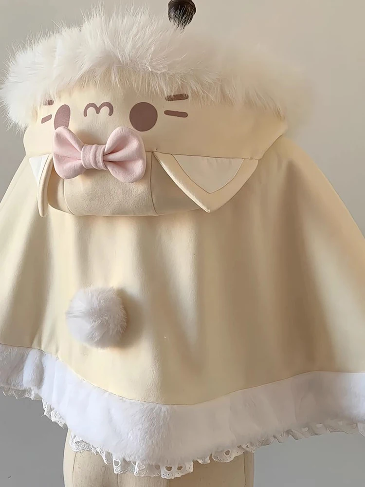 Doce bonito bowknot capa casaco de inverno gato orelha chapéu capas de lã xale jaqueta japonês lolita mangas compridas kawaii roupas ponchos
